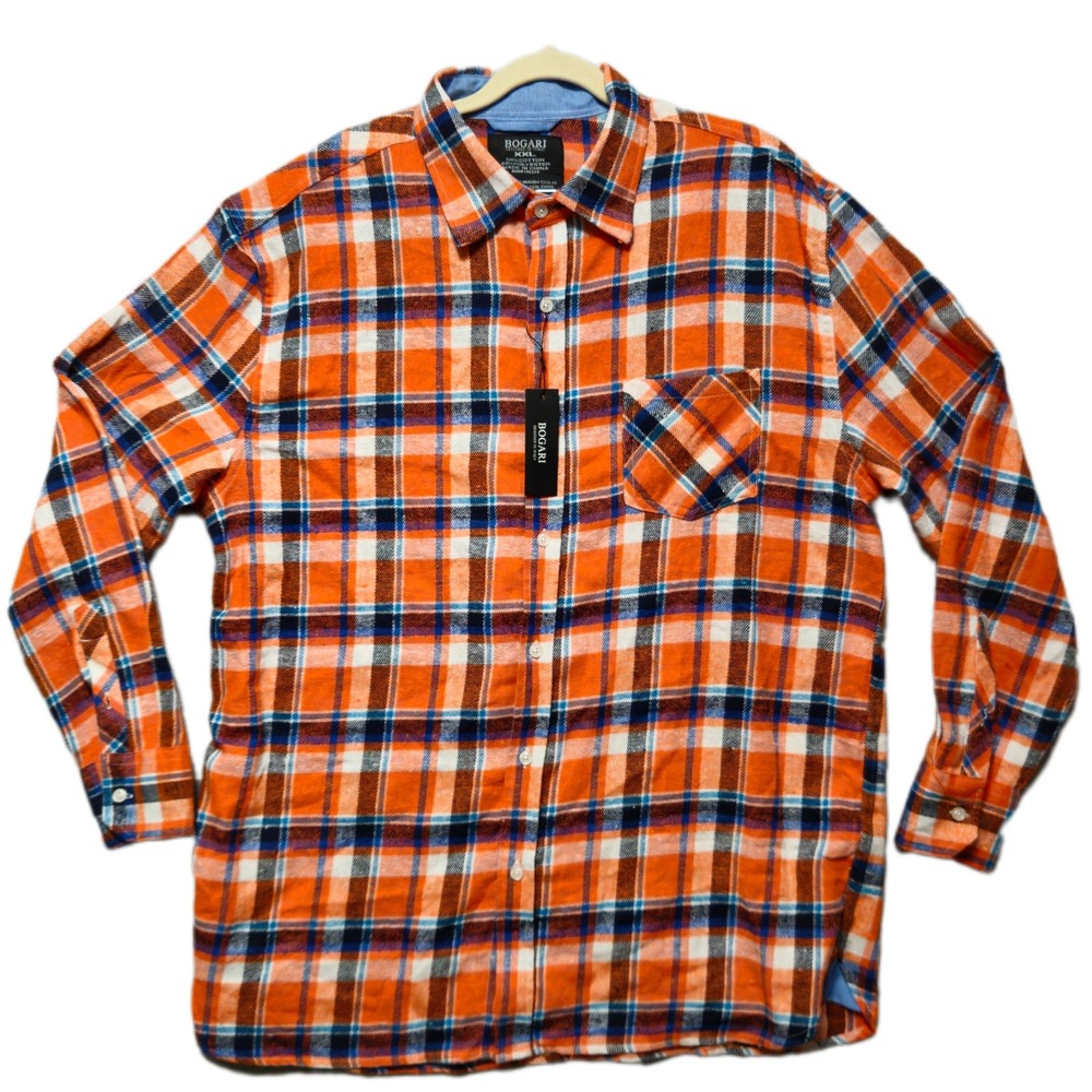 Bogari Mens XXL Plaid Button Up Shirt Orange Blue White Long Sleeve Flannel‎ NEW